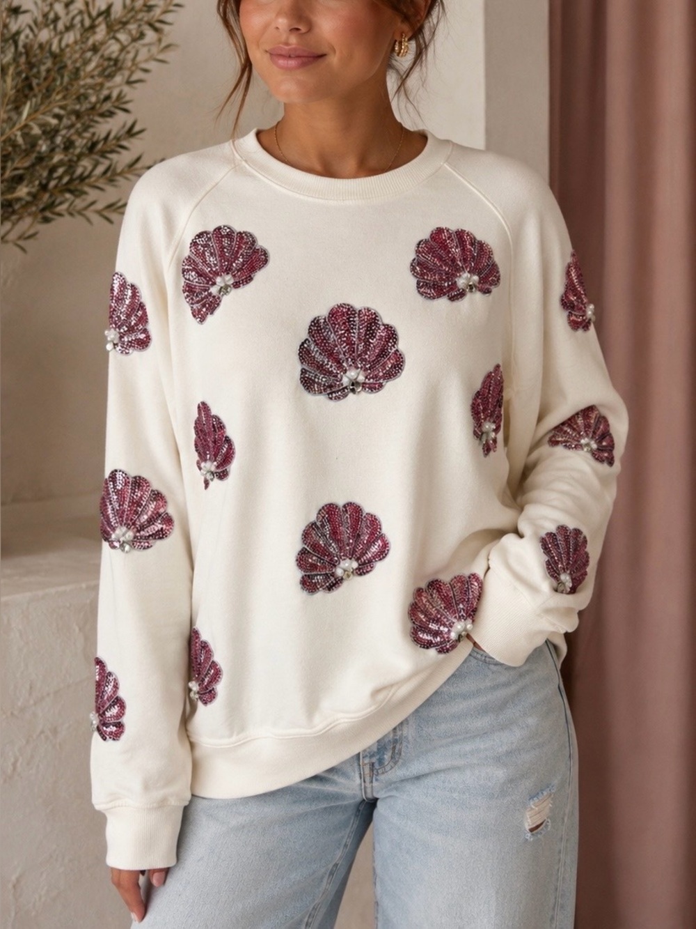White & Pink Sequin Shell Embellished Terry Sweatshirt Top - Size Medium